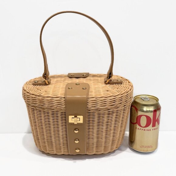 Etienne Aigner Wicker Basket Purse, Yellow Paisley Interior, Gold Toned Details - Picture 5 of 11